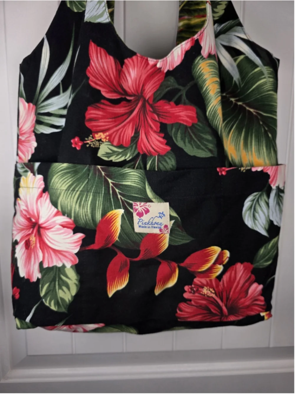 Pinkham Made In Hawaii Reversible Canvas Tote Bag Tropical Hibiscus Floral Black